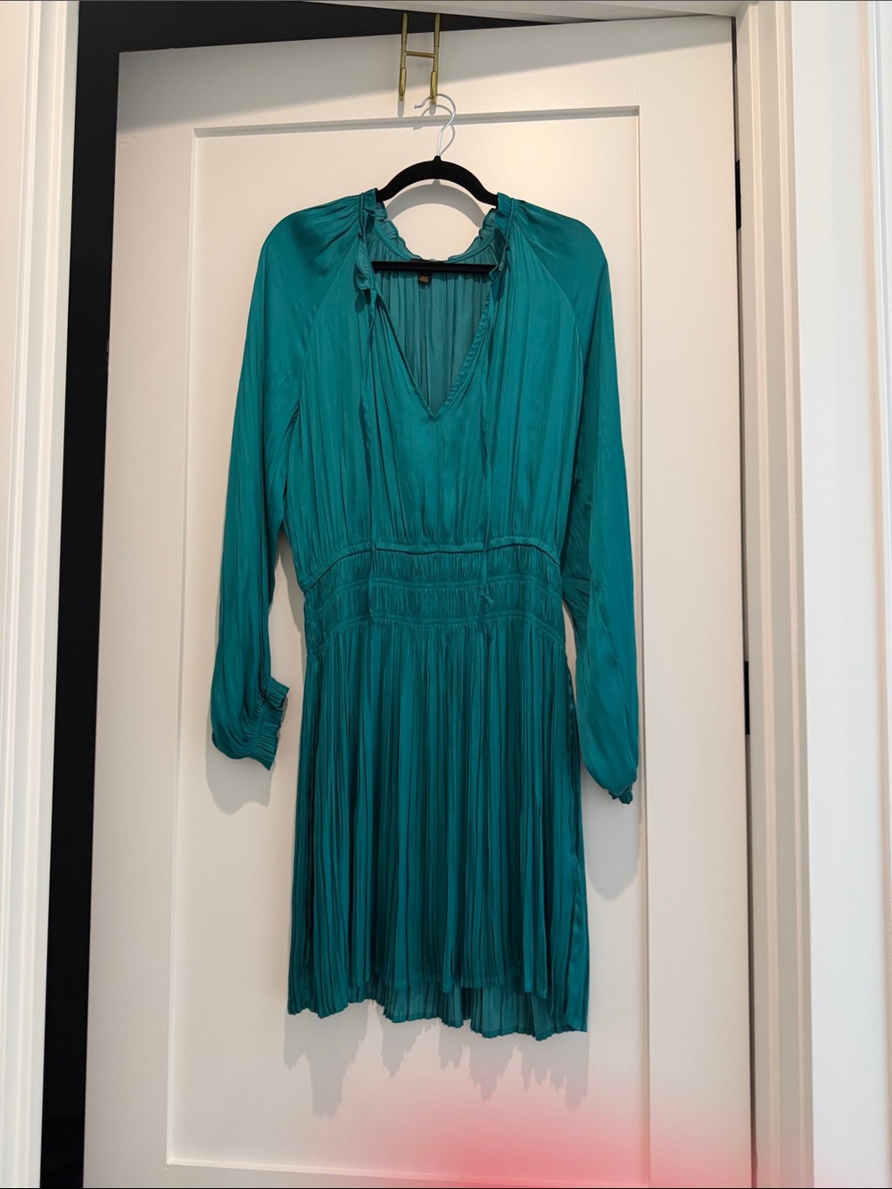 Current Air Teal Long-Sleeve Pleated V-Neck Dress